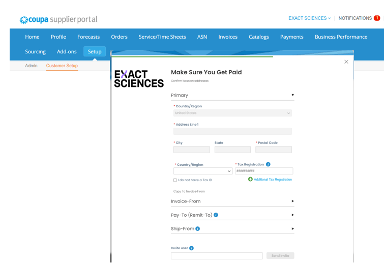 Screenshot of account setup page on the Coupa Supplier Portal.